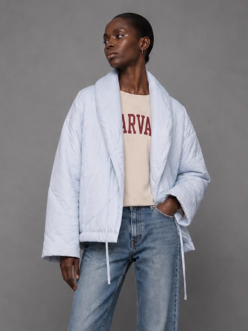 Cuddledown pale blue bed filled puffer jacket- tie shut inside outside- M